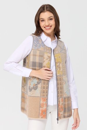 Kadın Sıfır Yaka Patchwork Yelek Bej