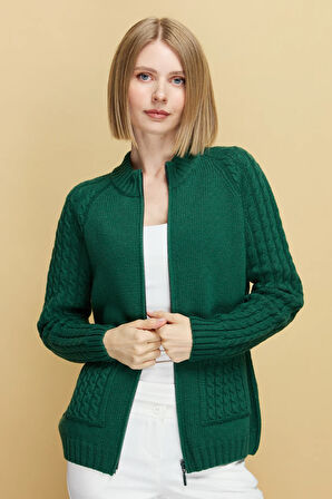 Kadın Dik Yaka Cebi ve Kolu Saç Örgü Yün Ceket Ö.Başı