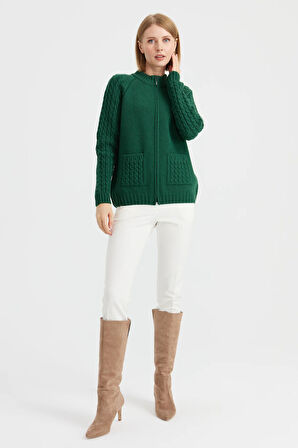 Kadın Dik Yaka Cebi ve Kolu Saç Örgü Yün Ceket Ö.Başı