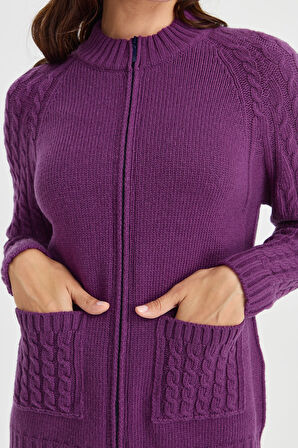 Kadın Dik Yaka Cebi ve Kolu Saç Örgü Yün Hırka A.Mor
