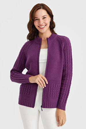 Kadın Dik Yaka Cebi ve Kolu Saç Örgü Yün Hırka A.Mor