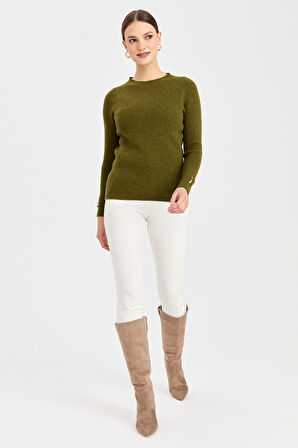 Kadın Sıfır Yaka Kol Ucu Düğmeli Yün Kazak A.K.Yeşili