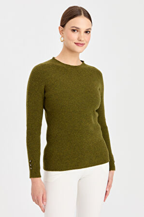 Kadın Sıfır Yaka Kol Ucu Düğmeli Yün Kazak A.K.Yeşili