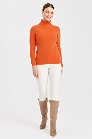 Kadın Tam Balıkçı Yaka Kol Ucu Düğmeli Yün Kazak Portakal