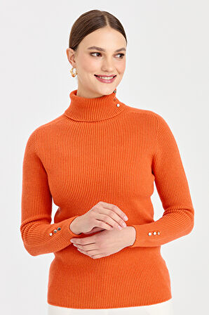 Kadın Tam Balıkçı Yaka Kol Ucu Düğmeli Yün Kazak Portakal