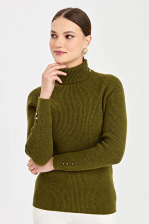 Kadın Tam Balıkçı Yaka Kol Ucu Düğmeli Yün Kazak A.K.Yeşili