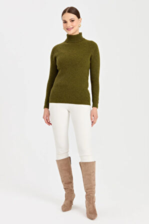 Kadın Tam Balıkçı Yaka Kol Ucu Düğmeli Yün Kazak A.K.Yeşili