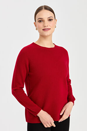 Kadın Sıfır Yaka Klasik Yün Kazak K.Kırmızı