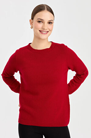 Kadın Sıfır Yaka Klasik Yün Kazak K.Kırmızı