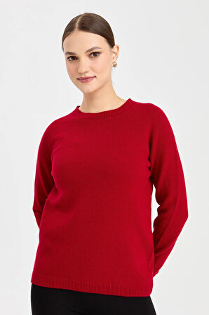 Kadın Sıfır Yaka Klasik Yün Kazak K.Kırmızı