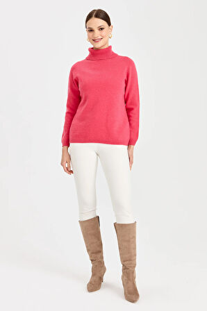 Kadın Tam Balıkçı Yaka Klasik Yün Kazak Y.Ş.Pembe