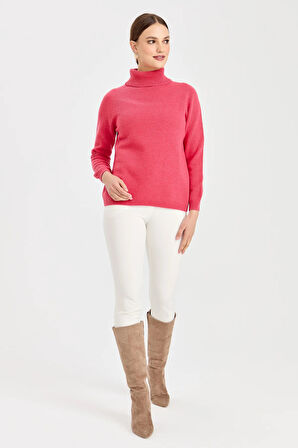 Kadın Tam Balıkçı Yaka Klasik Yün Kazak Y.Ş.Pembe