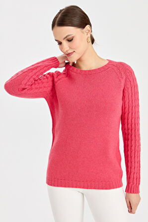 Kadın Sıfır Yaka Kolu Saç Örgü Yün Kazak Y.Ş.Pembe