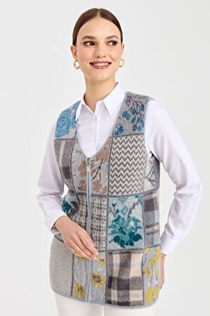 Kadın V Yaka Patchwork Yelek A.Mavi
