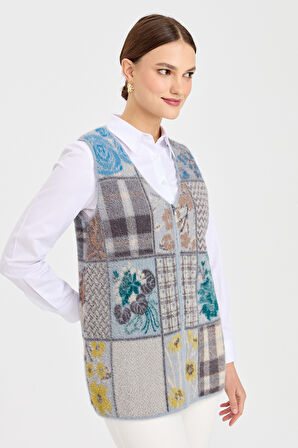 Kadın V Yaka Patchwork Yelek A.Mavi