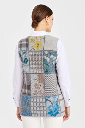 Kadın V Yaka Patchwork Yelek A.Mavi