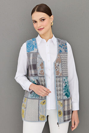 Kadın V Yaka Patchwork Yelek A.Mavi