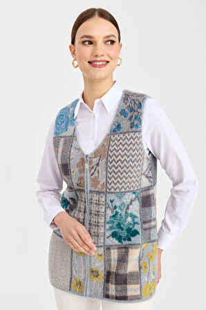 Kadın V Yaka Patchwork Yelek A.Mavi