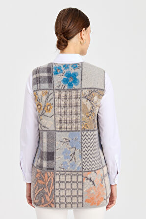 Kadın V Yaka Patchwork Yelek K.Gri