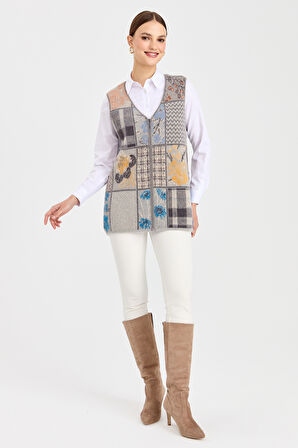 Kadın V Yaka Patchwork Yelek K.Gri