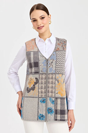 Kadın V Yaka Patchwork Yelek K.Gri