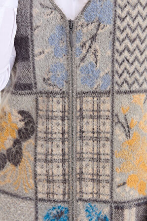 Kadın V Yaka Patchwork Yelek K.Gri