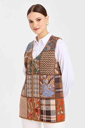 Kadın V Yaka Patchwork Yelek Viski