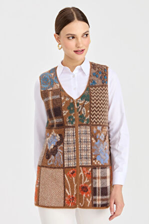 Kadın V Yaka Patchwork Yelek Viski
