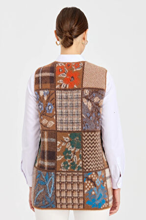 Kadın V Yaka Patchwork Yelek Viski
