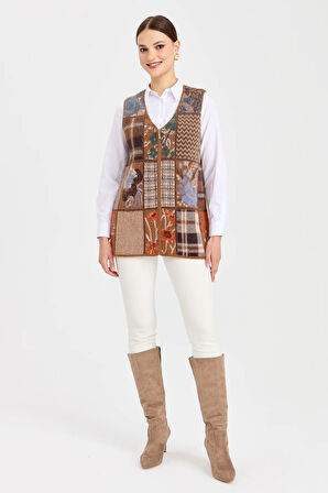Kadın V Yaka Patchwork Yelek Viski