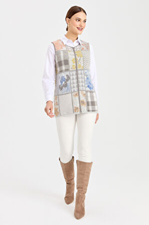 Kadın Sıfır Yaka Patchwork Yelek K.Gri