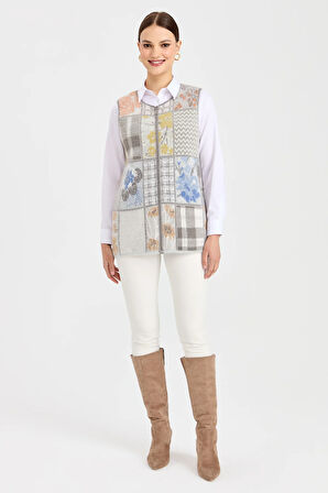 Kadın Sıfır Yaka Patchwork Yelek K.Gri