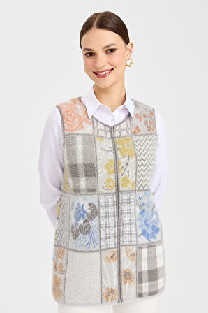 Kadın Sıfır Yaka Patchwork Yelek K.Gri