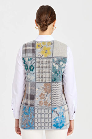 Kadın Sıfır Yaka Patchwork Yelek A.Mavi