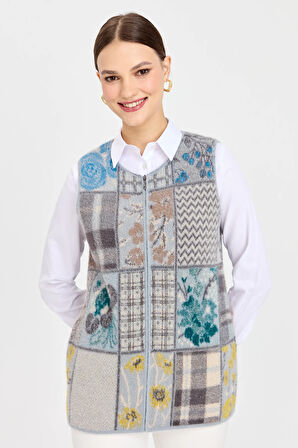 Kadın Sıfır Yaka Patchwork Yelek A.Mavi