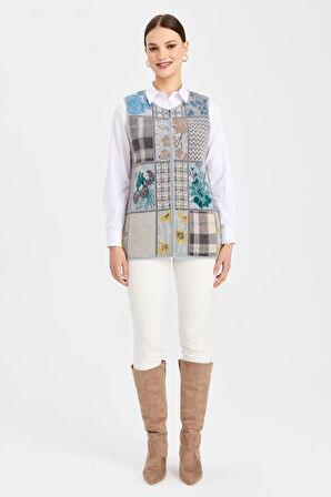 Kadın Sıfır Yaka Patchwork Yelek A.Mavi
