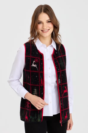 Kadın Sıfır Yaka Patchwork Yılbaşı Desenli Yelek Siyah