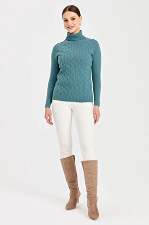 Kadın Tam Balıkçı Yaka Önü Yürütmeli Yün Kazak M.Yeşili