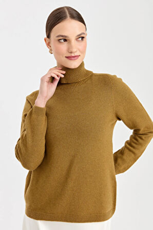 Kadın Tam Balıkçı Yaka Klasik Yün Kazak O.Haki