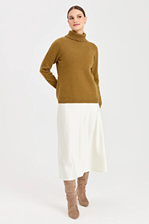 Kadın Tam Balıkçı Yaka Klasik Yün Kazak O.Haki