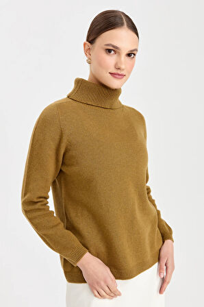 Kadın Tam Balıkçı Yaka Klasik Yün Kazak O.Haki