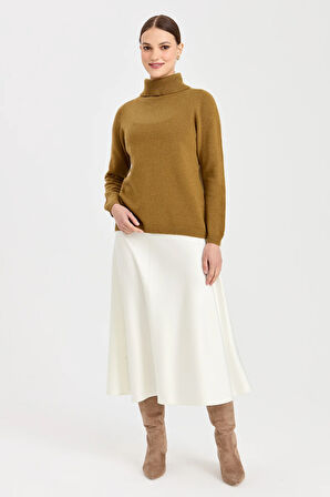 Kadın Tam Balıkçı Yaka Klasik Yün Kazak O.Haki