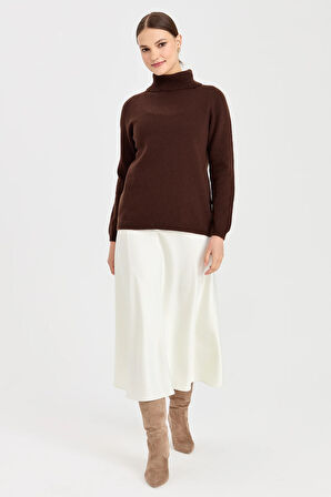 Kadın Tam Balıkçı Yaka Klasik Yün Kazak M.Kahve