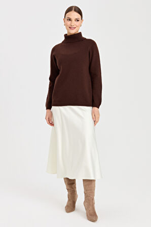 Kadın Tam Balıkçı Yaka Klasik Yün Kazak M.Kahve