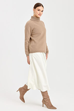 Kadın Tam Balıkçı Yaka Klasik Yün Kazak Bej