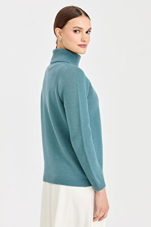 Kadın Tam Balıkçı Yaka Klasik Yün Kazak M.Yeşili