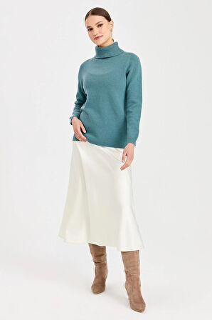 Kadın Tam Balıkçı Yaka Klasik Yün Kazak M.Yeşili