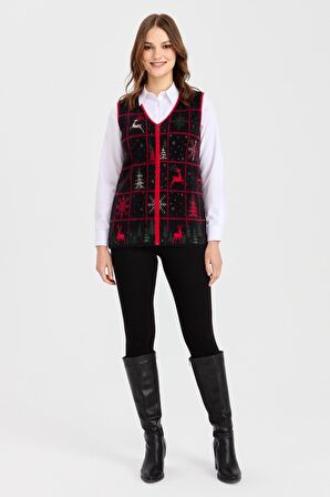 Kadın V Yaka Patchwork Yılbaşı Desenli Yelek Siyah