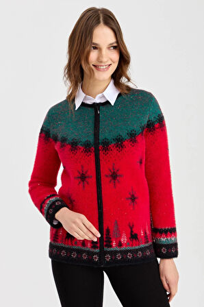 Kadın Sıfır Yaka Yılbaşı Desenli Hırka Y.Kırmızı