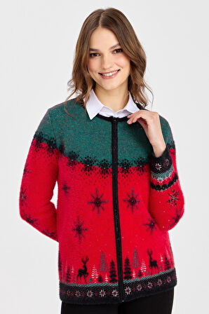 Kadın Sıfır Yaka Yılbaşı Desenli Hırka Y.Kırmızı